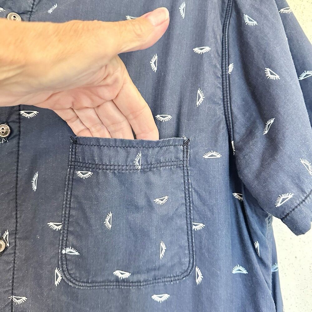 California Cowboy High Water Fleece Lined Short Sleeve Button Shirt Blue Print L - Picture 3 of 16